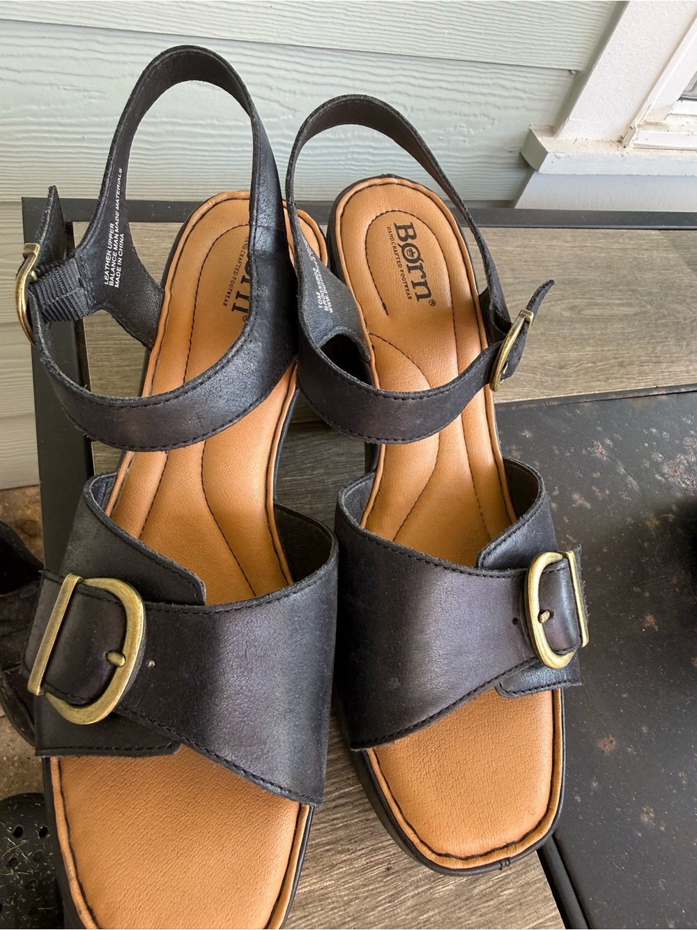 Born Black Leather Ankle Strap Sandals with Gold Buckles
